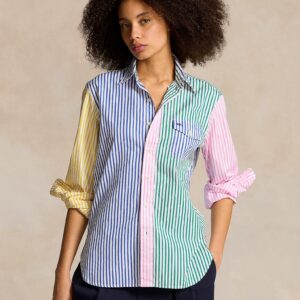 A vibrant Ralph Lauren striped Poplin Fun Shirt featuring bold multicolor stripes and a signature embroidered pony logo on the chest.