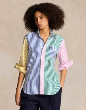 A vibrant Ralph Lauren striped Poplin Fun Shirt featuring bold multicolor stripes and a signature embroidered pony logo on the chest.